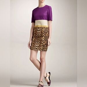 Giambattista Valli Colorblock Purple Leopard Dress 38/XXS Silk Linen Blend Italy
